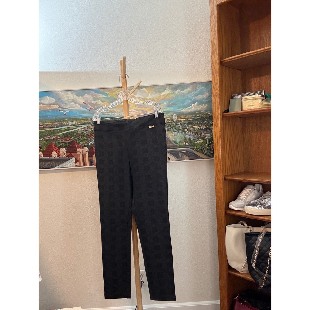 Calvin Klein Dress Pants Womens Medium Black Plaid Pull On Straight Leg Trousers